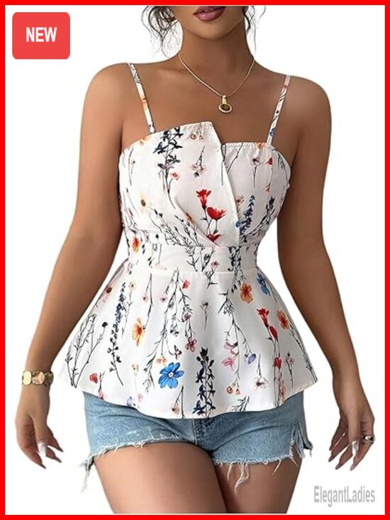 Tops - Boho Floral Sleeveless Peplum Camisole Top with Smocked Back Ruffles